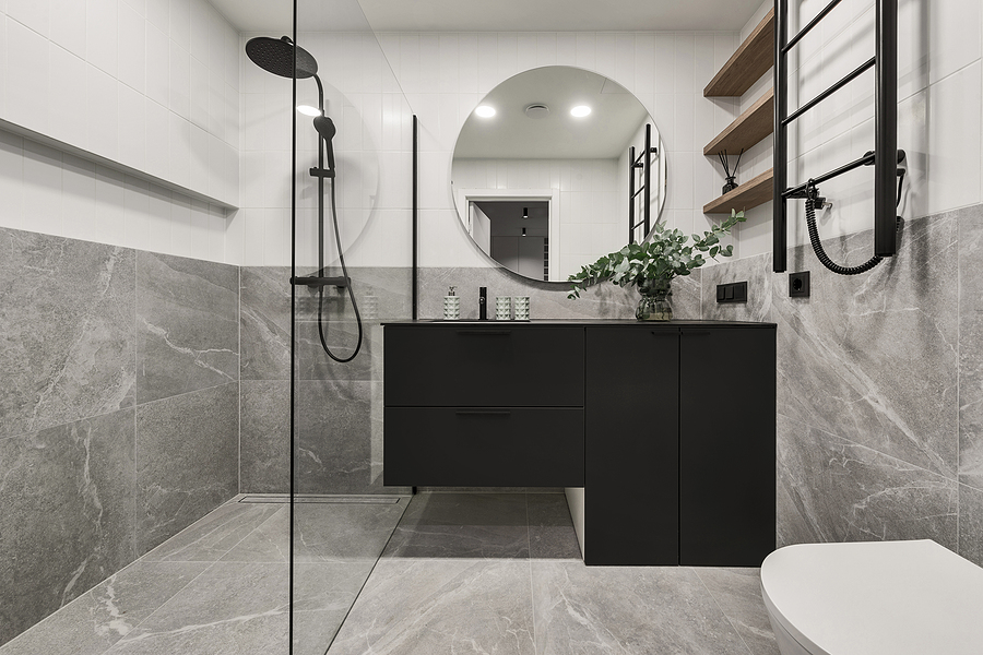 Modern Minimalistic Bathroom Interior Design With Grey Stone