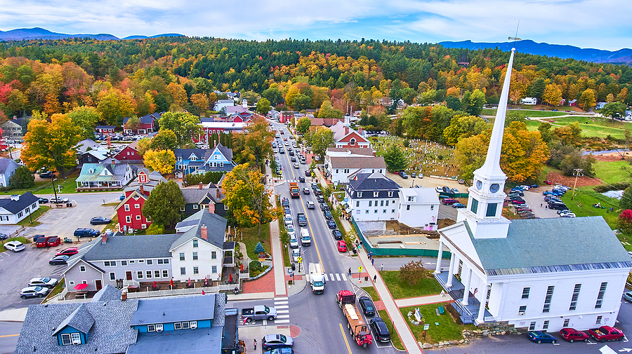 Church Aerial In Small Town Of Stowe, Vermont During Peak Fall 